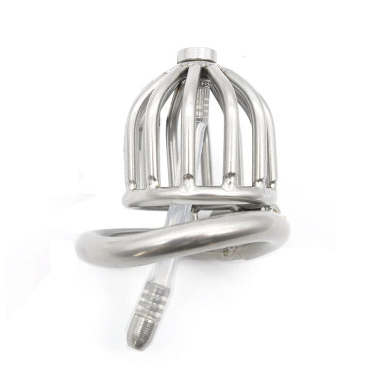 Small Metal Chastity Cock Cage For Men with Urinary Catheter, Penis Ring, and Lock - KeepMeLocked