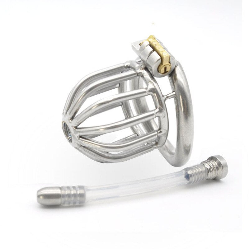 Small Metal Chastity Cock Cage For Men with Urinary Catheter, Penis Ring, and Lock - KeepMeLocked