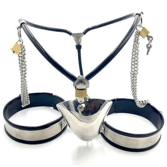 Cock Cage Chastity Belt: Stainless Steel Male Slave Panties with Thigh Cuffs, Chain Shield, and Locking Design - KeepMeLocked