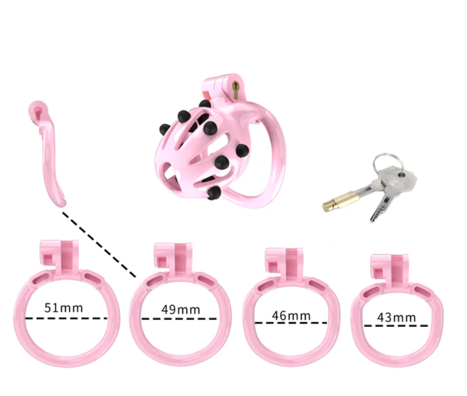 Pink Chastity Cage with 5 Size Penis Rings and Removable Silicone Spikes - KeepMeLocked