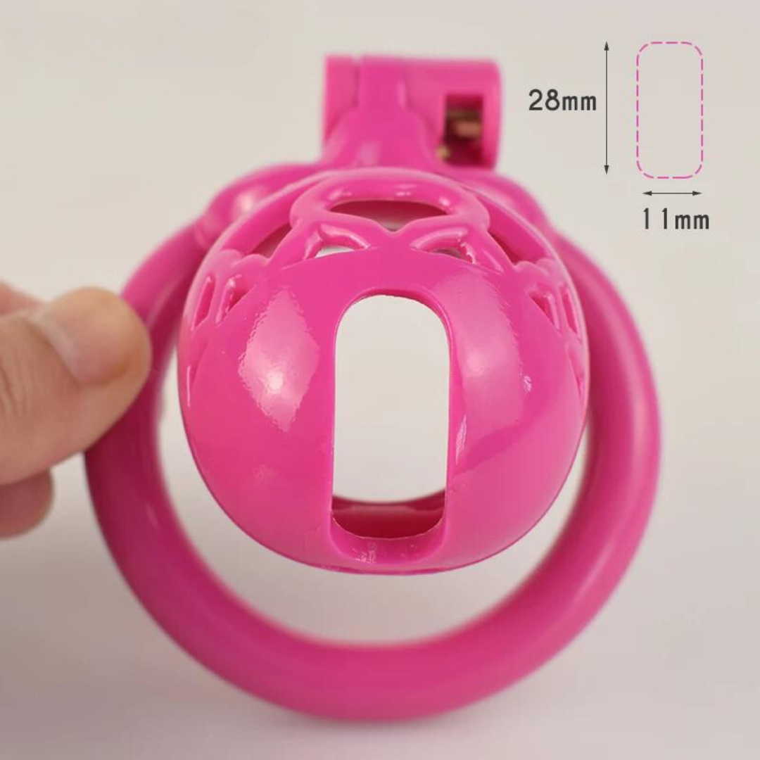 pink plastic chastity cage with wide urine hole