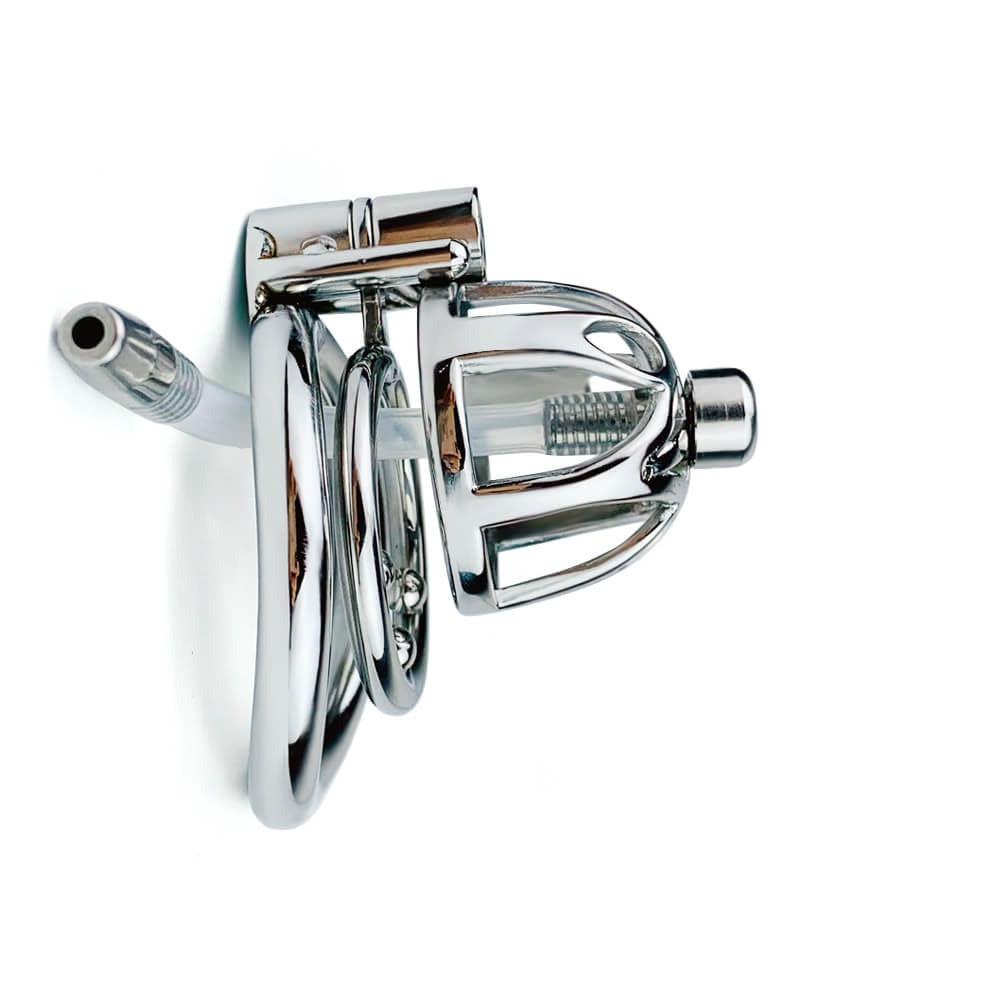 Male Stainless Steel Chastity Cage With Silicone/Metal Urethral Tube - KeepMeLocked